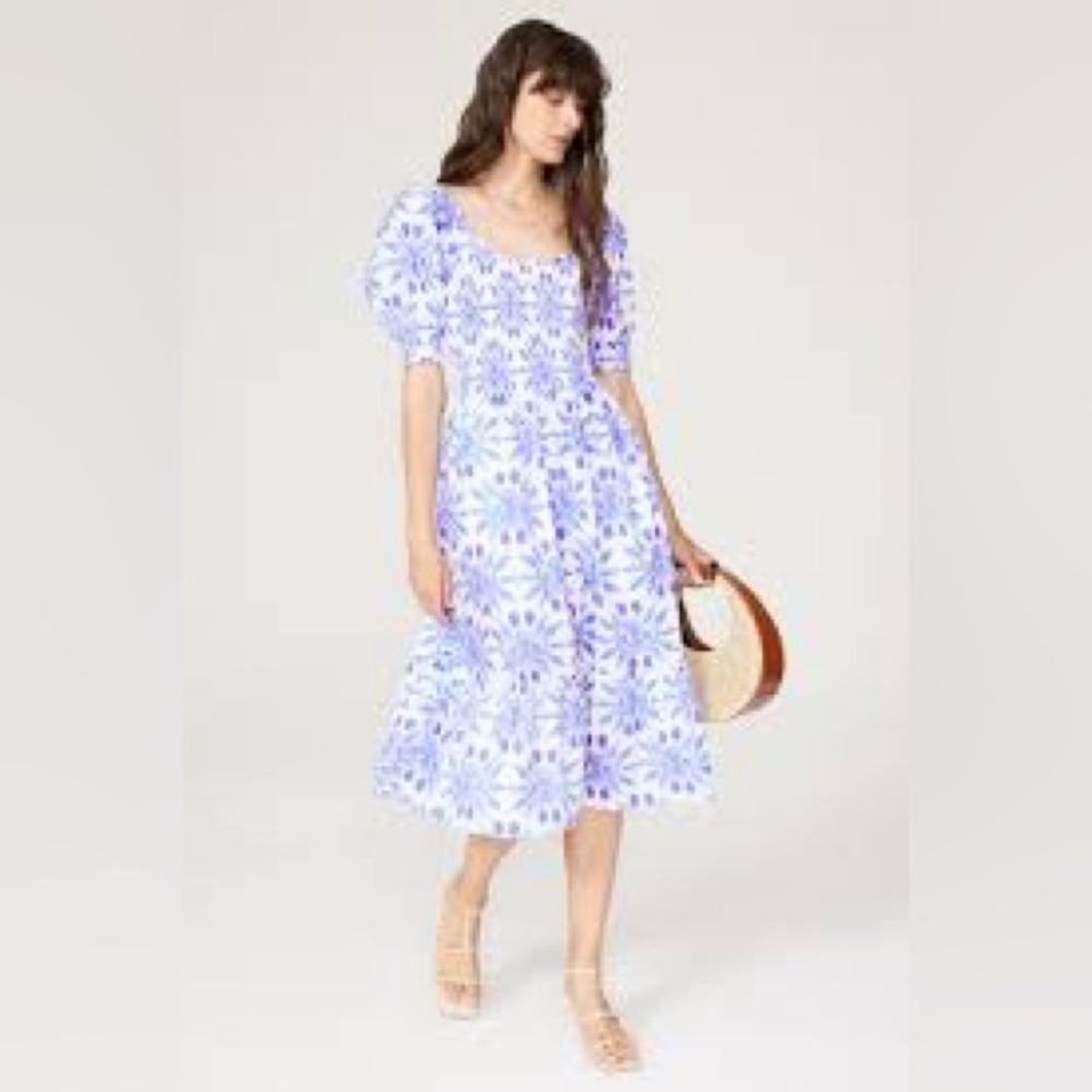 Hill House Floral Midi Dress in Blue and White